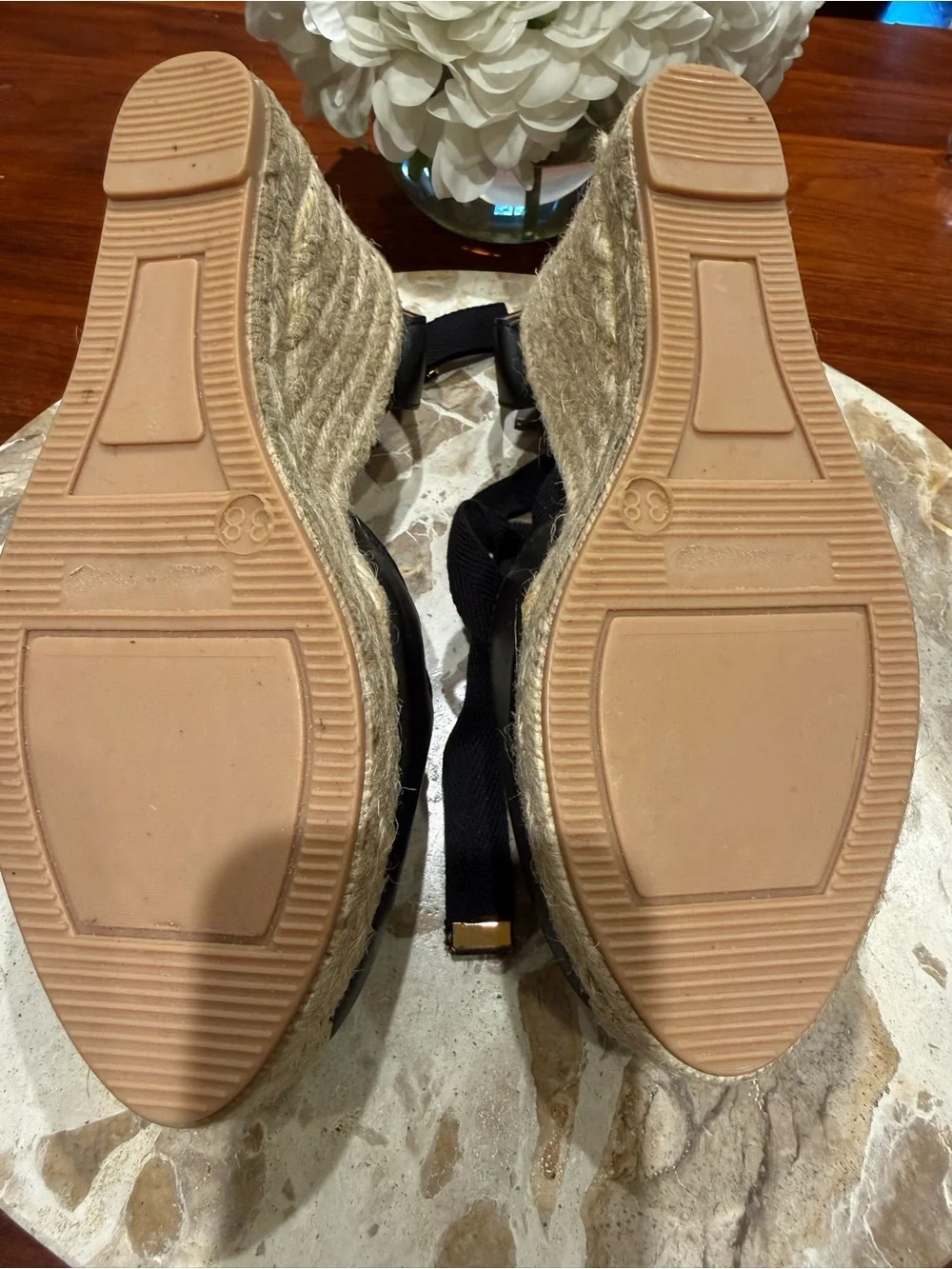 Last Studio Black Women's Leather Espradrille Wedge Sandals with Tie Sz 7 1/2
